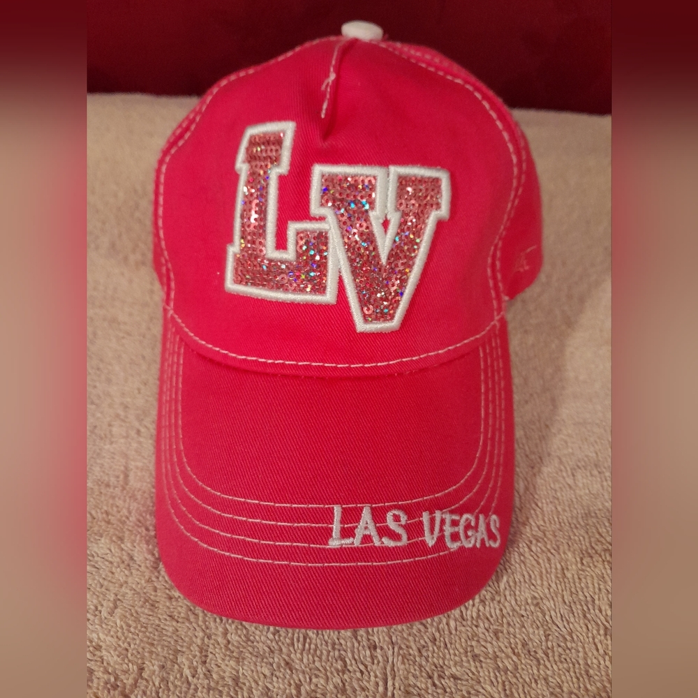 Las Vagas Girls Pink Baseball Cap With White Letters and Sequins. Adjustable